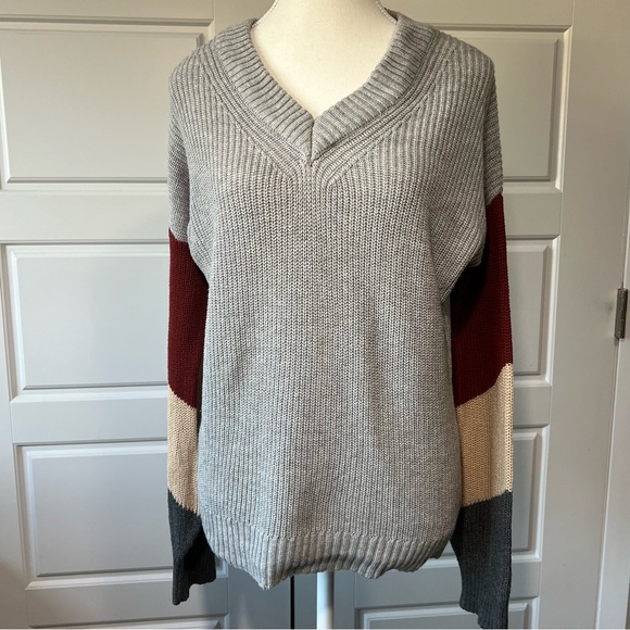 Color Block V-Neck Knit Sweater Pullover Long Sleeve‎ Casual Comfy Size L - Picture 1 of 7